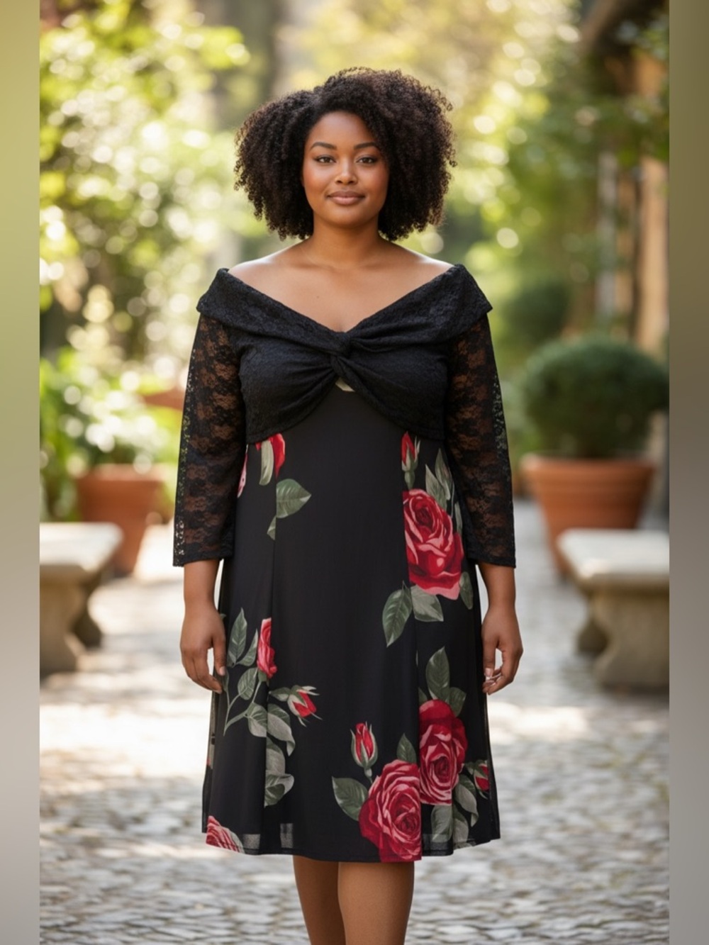 Fashion Nova Black Long Lace Sleeve Red Rose Dress